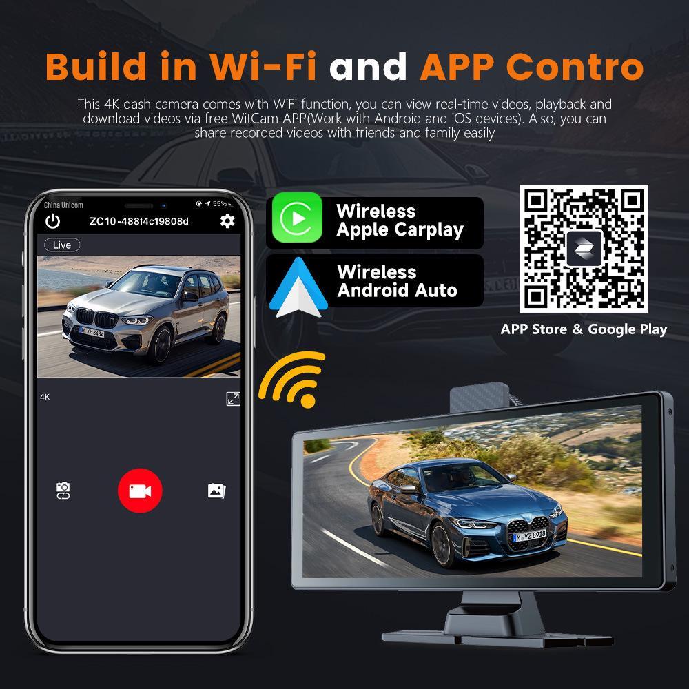 10.26-Inch WiFi Wireless CarPlay Dash Cam with Night Vision & Navigation