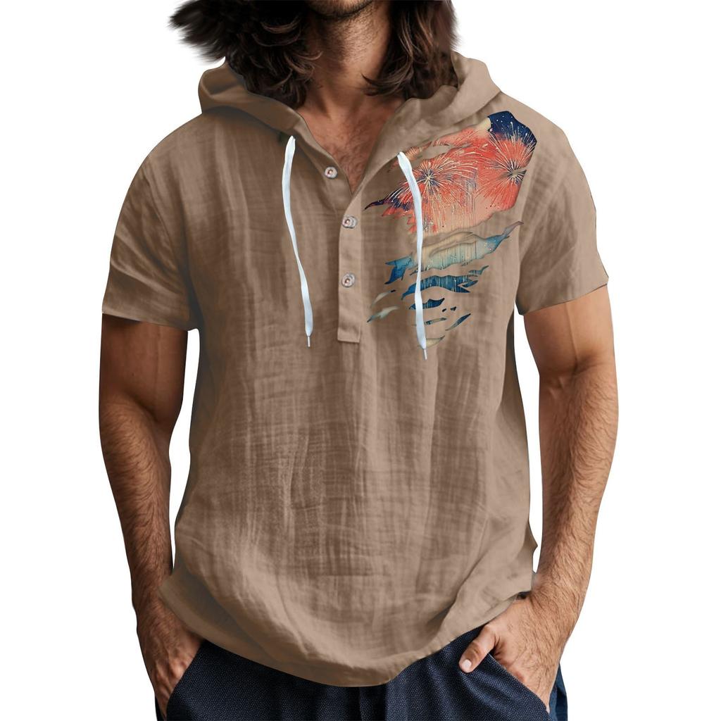 Pánské ležérní tričko s krátkým rukávem a kapucí, s rozhalenkou na knoflíky