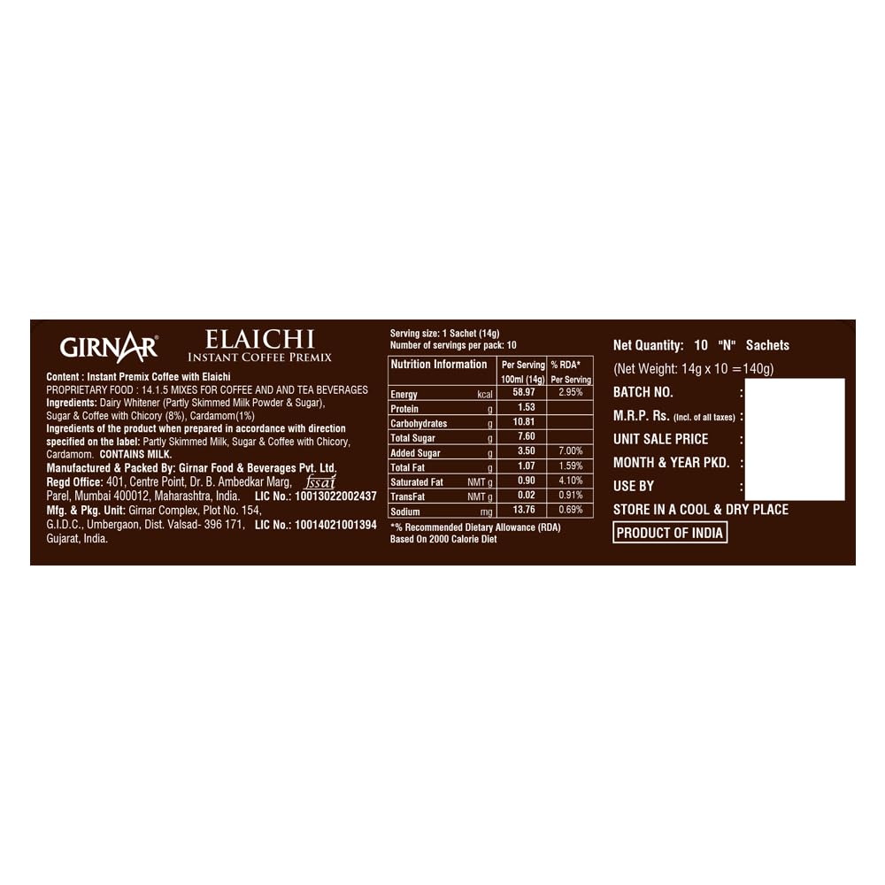 Girnar Instant Premix Coffee With Elaichi 140g 10 Sachets Rich Aromatic Caffeinated Coffee Blend