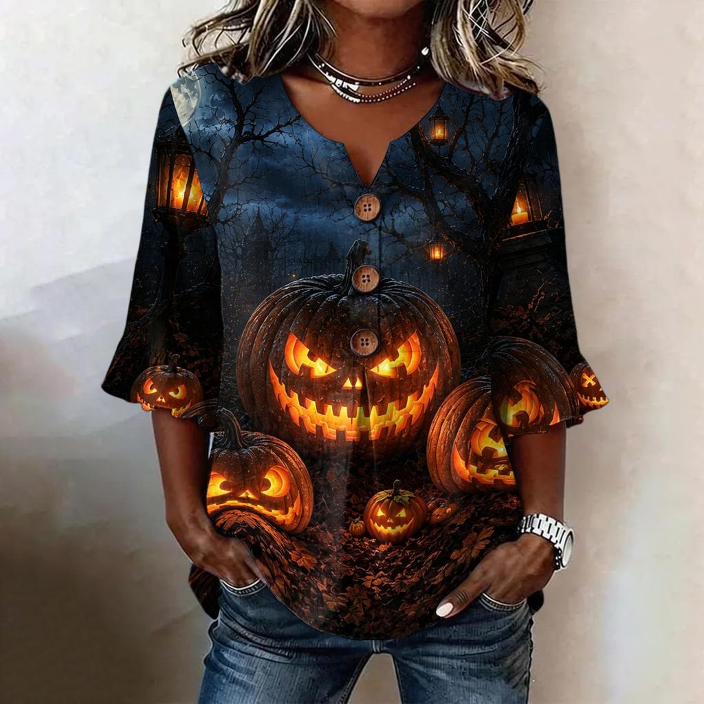 Women's Casual V-Neck Ruffle Sleeve Loose Fit Blouse with Halloween All-Over Print