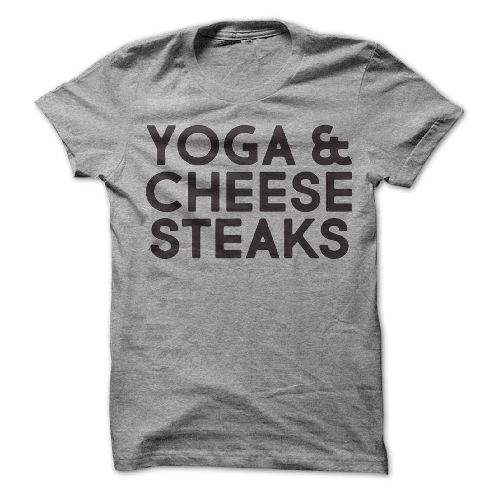 Yoga and Cheesesteaks - Philadelphia T-Shirt Design - Grey T-shirt with Black Print S