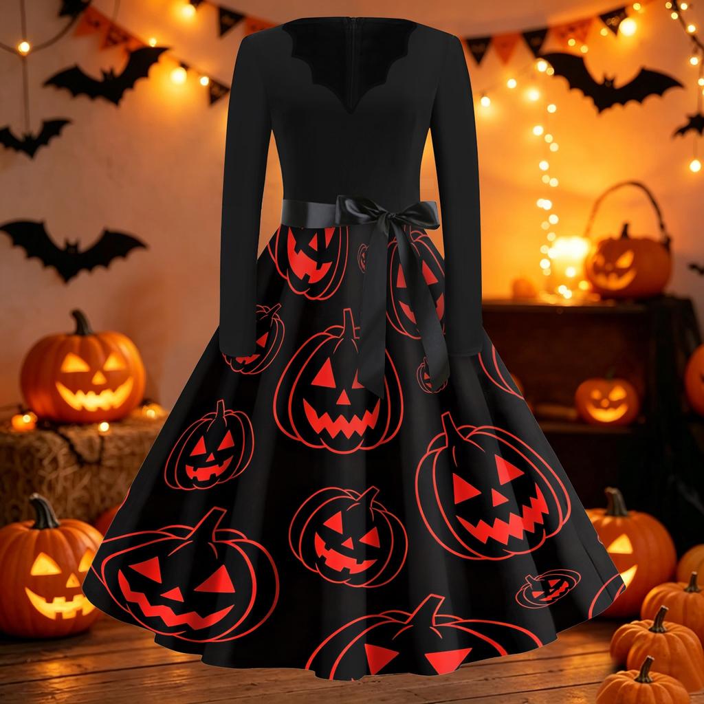 Womens Vintage V Neck Dress Halloween Print Long Sleeve Casual Retro Swing Dress with Waist Tie Belt and Flared Skirt for Party