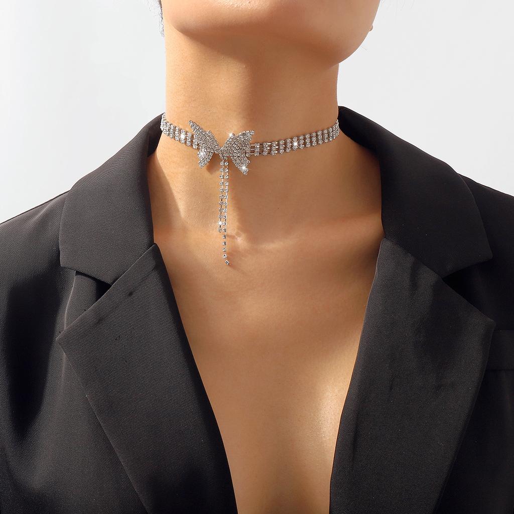 Tooxika Temperament Full Diamond Bow Short Necklace Fashion Trend Sweet Niche Choker Necklace Female