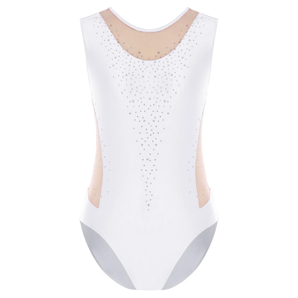 Womens Gymnastics Figure Skating Bodysuit Round Neck Sleeveless Shiny Rhinestone Mesh Patchwork Leotard Dance Jumpsuit