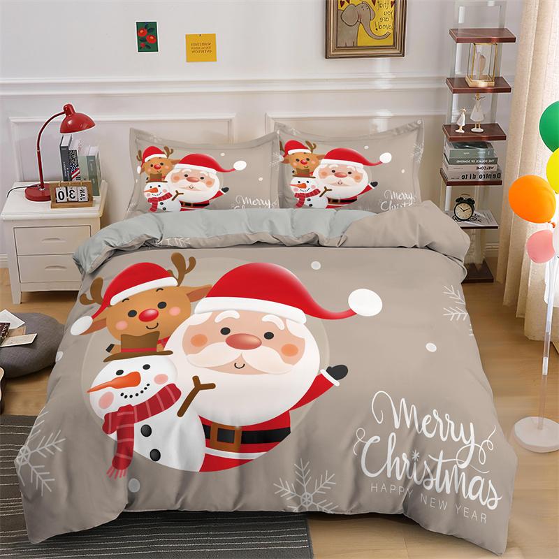 3D God Jul Kung Drottning Sängklädesset Barn Tecknad Jultomte Snögubbe Ren Täcköver XMAS Påslakan Polyester Quiltöverdrag