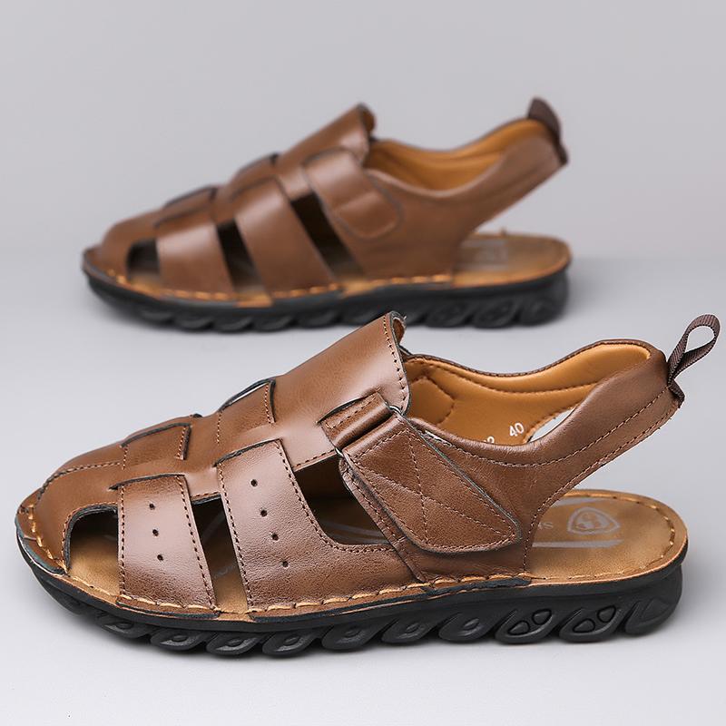 Men Handmade Simple Flats Sandals Summer Roman Sandals Retro Black Brown Closed Toe Leather Beach Shoes Plus Size