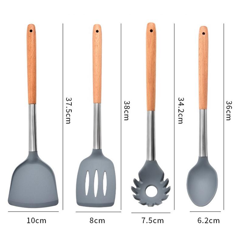 Silicone Kitchen Utensils Wooden Handle Non Stick Pot Kitchenware Cooking Set Heat-resistant Soup Spoon Pasta Colander Shovel