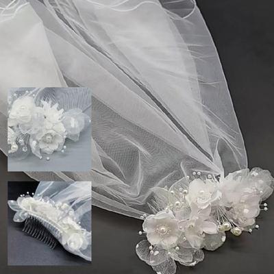 Sophisticated White Bridal Veil Double Layer with Artificial Pearls Edge Fashionable Wedding Veil For Bride