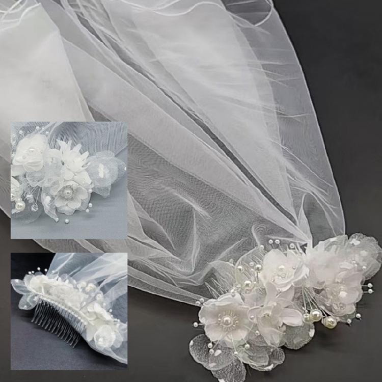 Sophisticated White Bridal Veil Double Layer with Artificial Pearls Edge Fashionable Wedding Veil For Bride