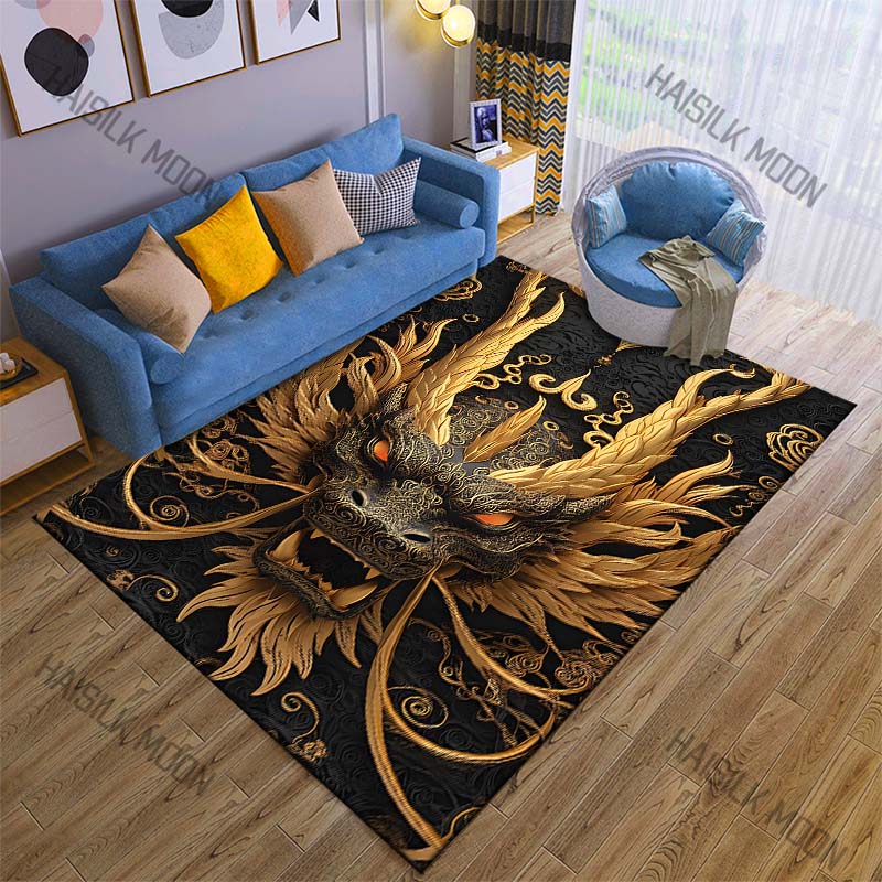Oriental Dragon Head Print Cartoon Carpet Rug for Living Room Bedroom Sofa Decor Kids Play Home Area Rug Non-slip Mat