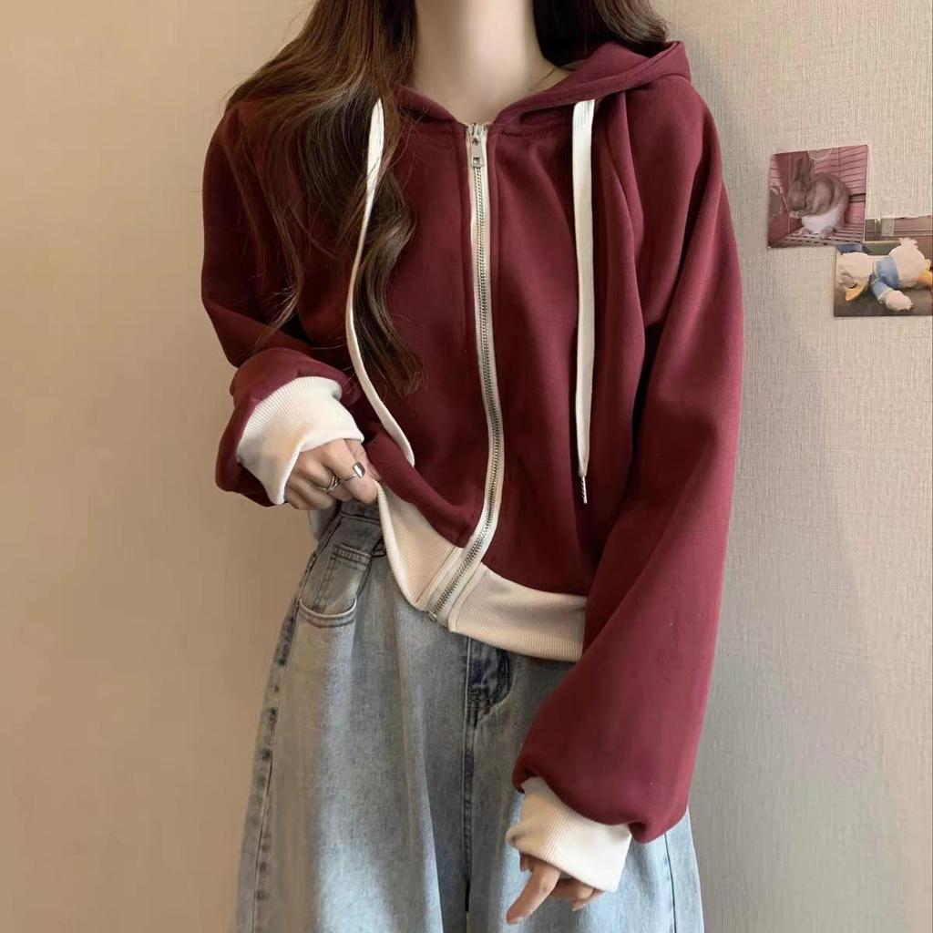 Plus Size Korean Style Hooded Sweatshirt Jacket - Slimming Autumn Streetwear, Belly Covering Short Cardigan for Women