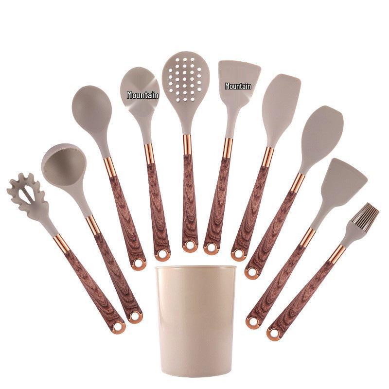 12-Piece Silicone Wood-Grain Non-Stick Cookware Set with Heat-Resistant Spatula and Spoon