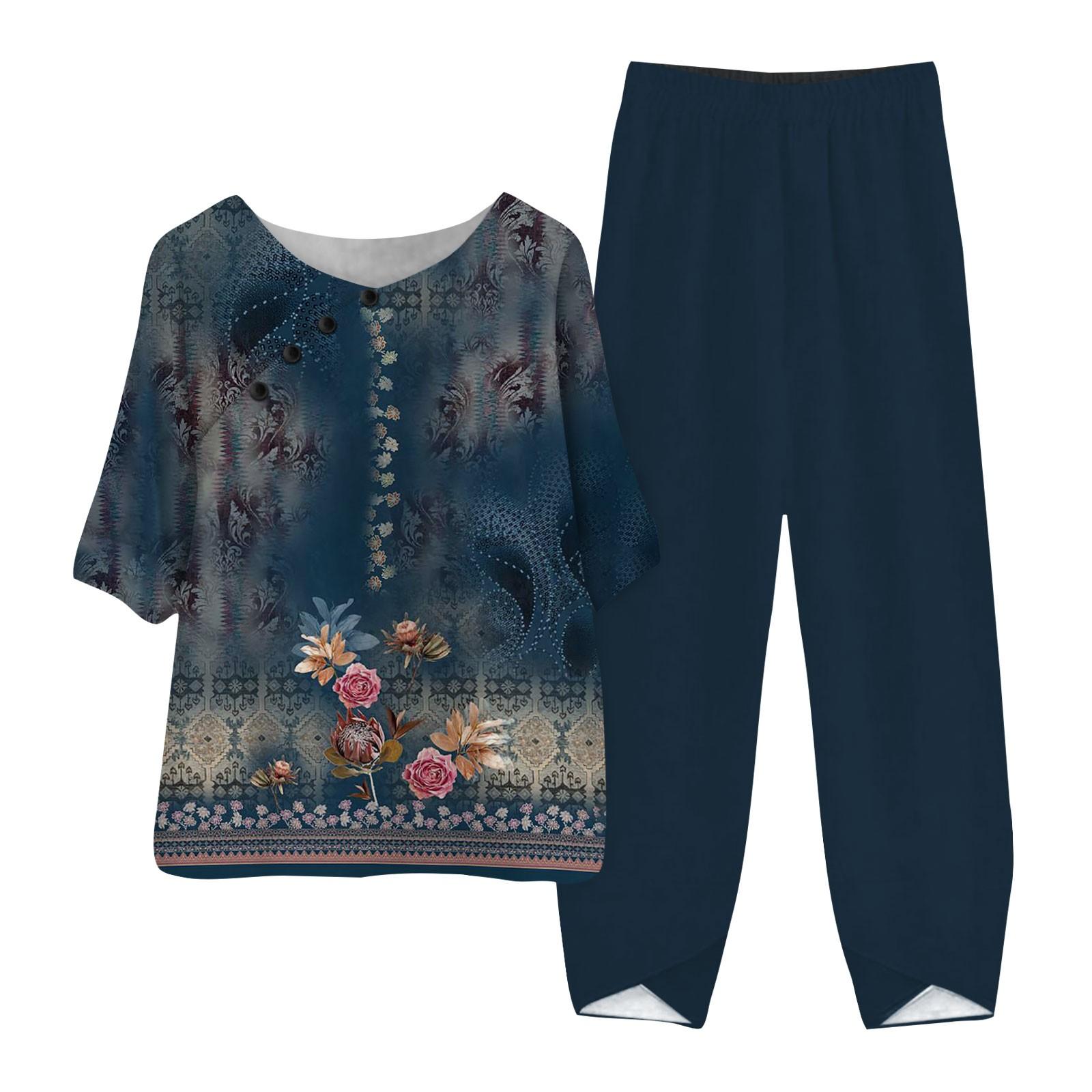 

Женские летние топы с короткими рукавами и принтом, эластичная талия, брюки из девяти предметов, комплект из двух предметов XXXL