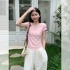Korean Vertical Striped Short-sleeved T-shirt Summer New Curved Hem Side Waist Pleated Slim Top Women