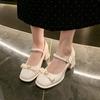 Fashion Square Heel Single Shoes Summer New Round Toe Shallow Mouth Pearl Bow One Strap Anti-Slip Wear-Resistant High Heels