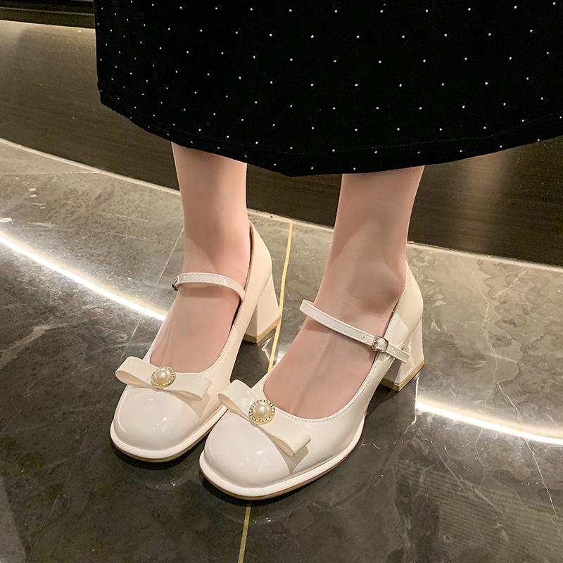 Fashion Square Heel Single Shoes Summer New Round Toe Shallow Mouth Pearl Bow One Strap Anti-Slip Wear-Resistant High Heels