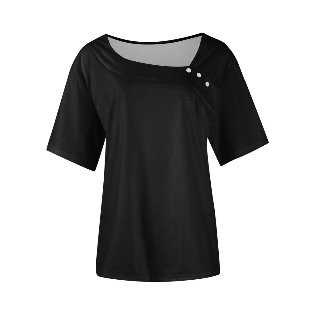 Women's Casual Color Slant Neck Short Sleeve Decorative Button T-Shirt Top