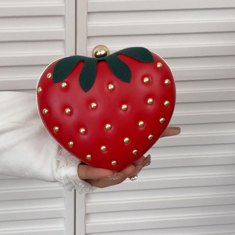 Strawberry Bag Small Heart Shape Pu With Rivets For Street Style Fashion