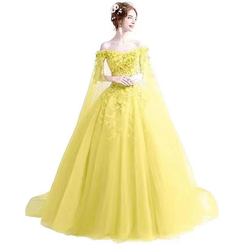 Rose Red Evening Dress with Yarn Long Sleeves 1011 New Bridal Wedding Toast Fairy Evening Dress