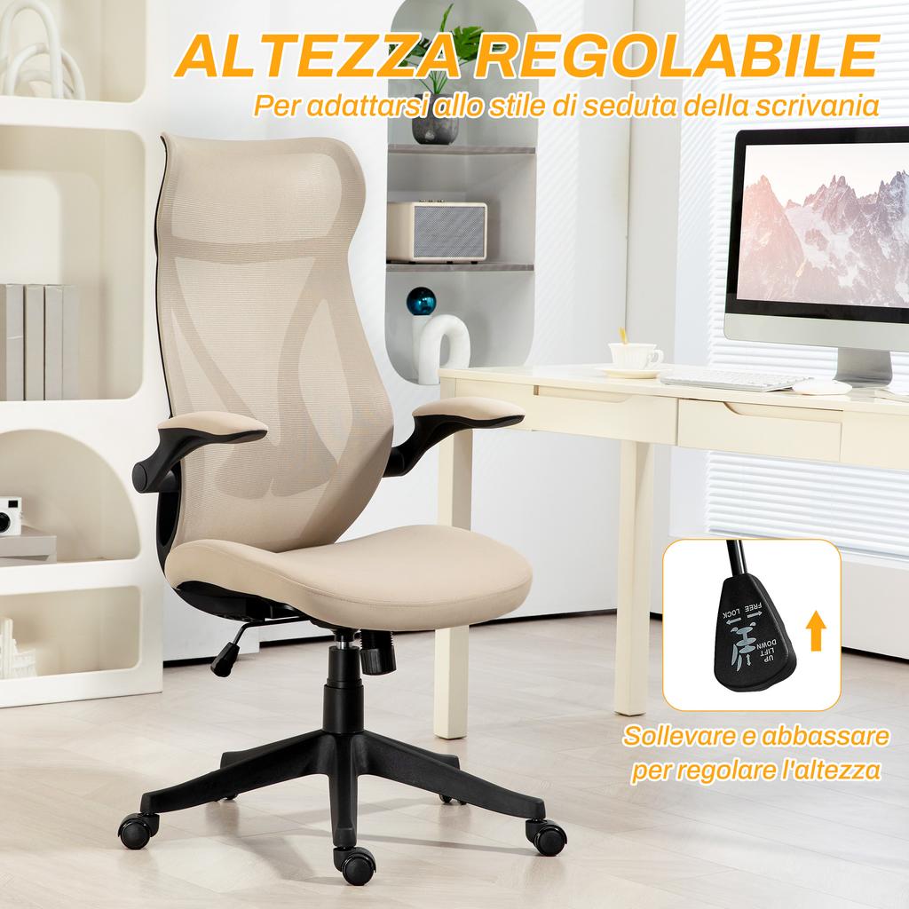 Office Chair with Flip-Up Armrests, Adjustable Height and Tiltable Backrest, Beige