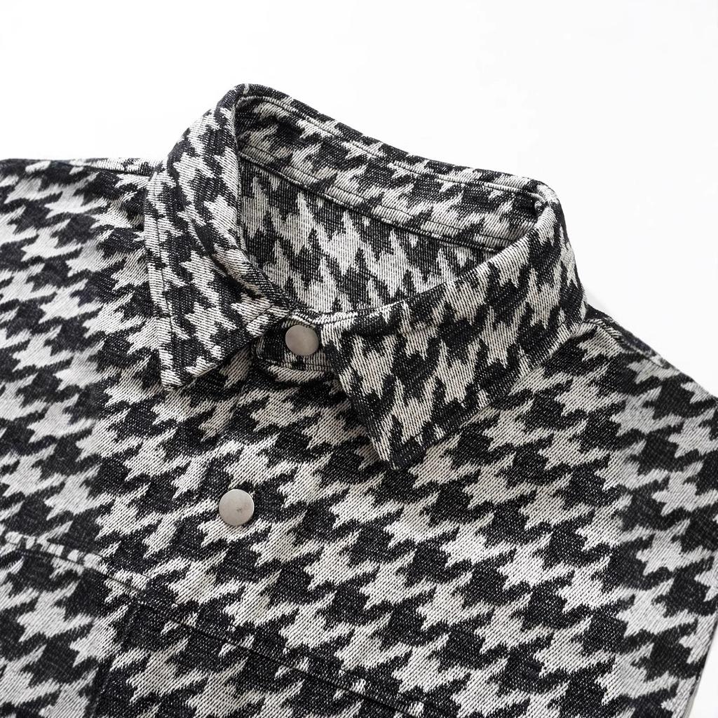 Retro Houndstooth Shirt Jacket for Men's New Casual Lapel Jacket