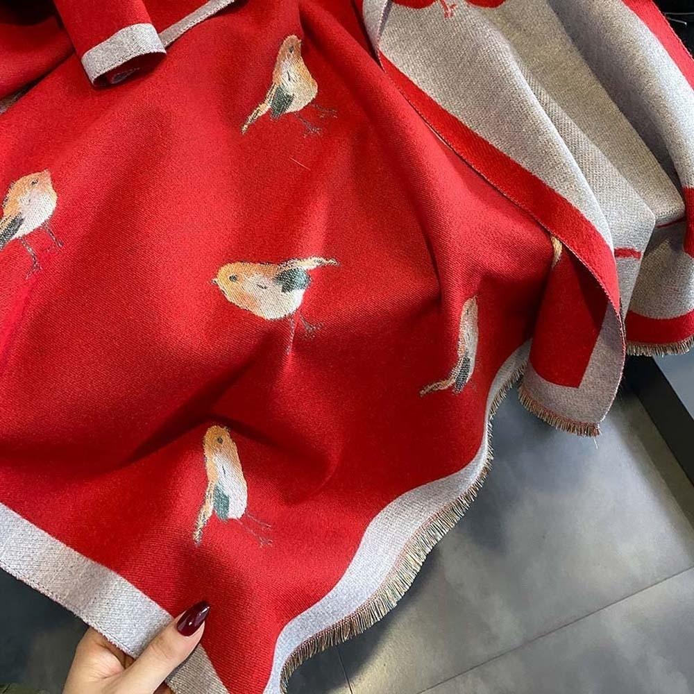 Elegant Printing Magpie Bird Shawl Imitation Pashmina Thick Warm Wraps Travel