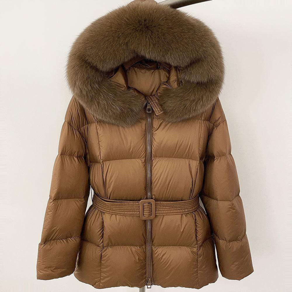 New women's winter real fox fur collar short hooded white duck down jacket women close waist and look thin