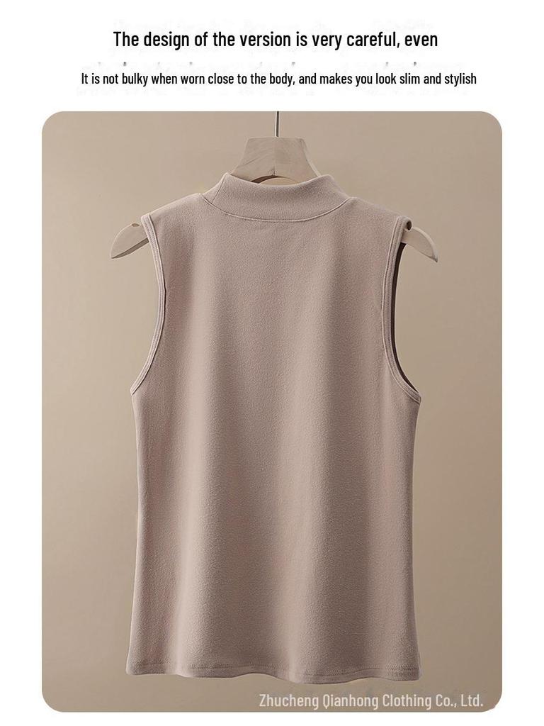 2024 Women's Brushed Thermal Vest: Velvet Half-High Collar, Sleeveless, Wear Indoors or Out