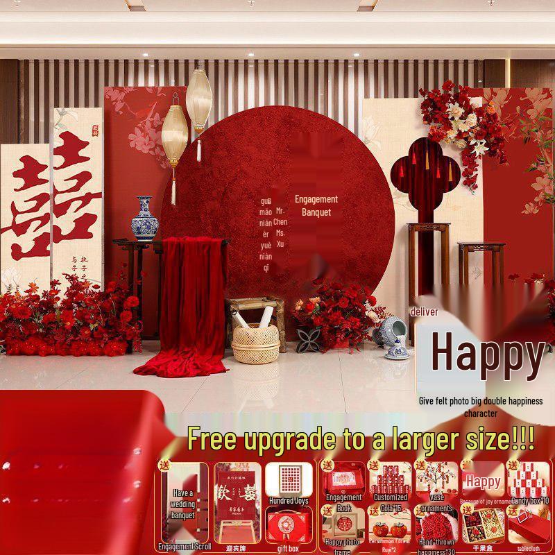 Complete Chinese Engagement Banquet Decoration Set with Backdrop and Tableware – Free Shipping