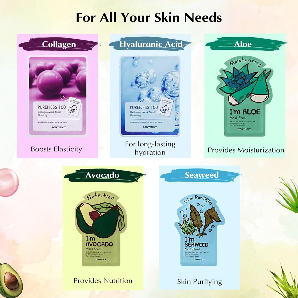 Tonymoly Glow For It Sheet Mask| Pack of 5|Face Sheet Mask for Glowing Skin|Facial Mask With Essence| Soothes Skin Irritation, Refines Pores & Ski