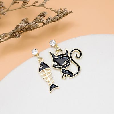 Orecchini Asimmetrici Gatto Cartone Animato Lisca di Pesce, Orecchini Cartone Animato Carini Dolci Animali Gattino
