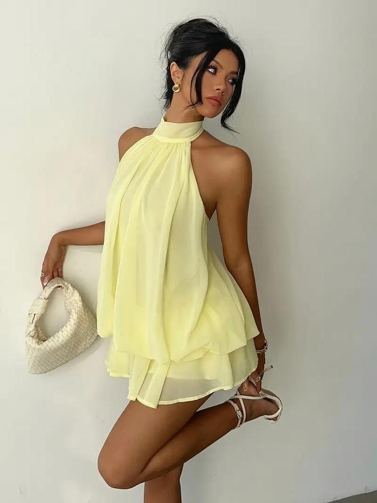 European & American Women's Backless Halter Strap Dress - Holiday Slim Fit with Puffy Short Skirt