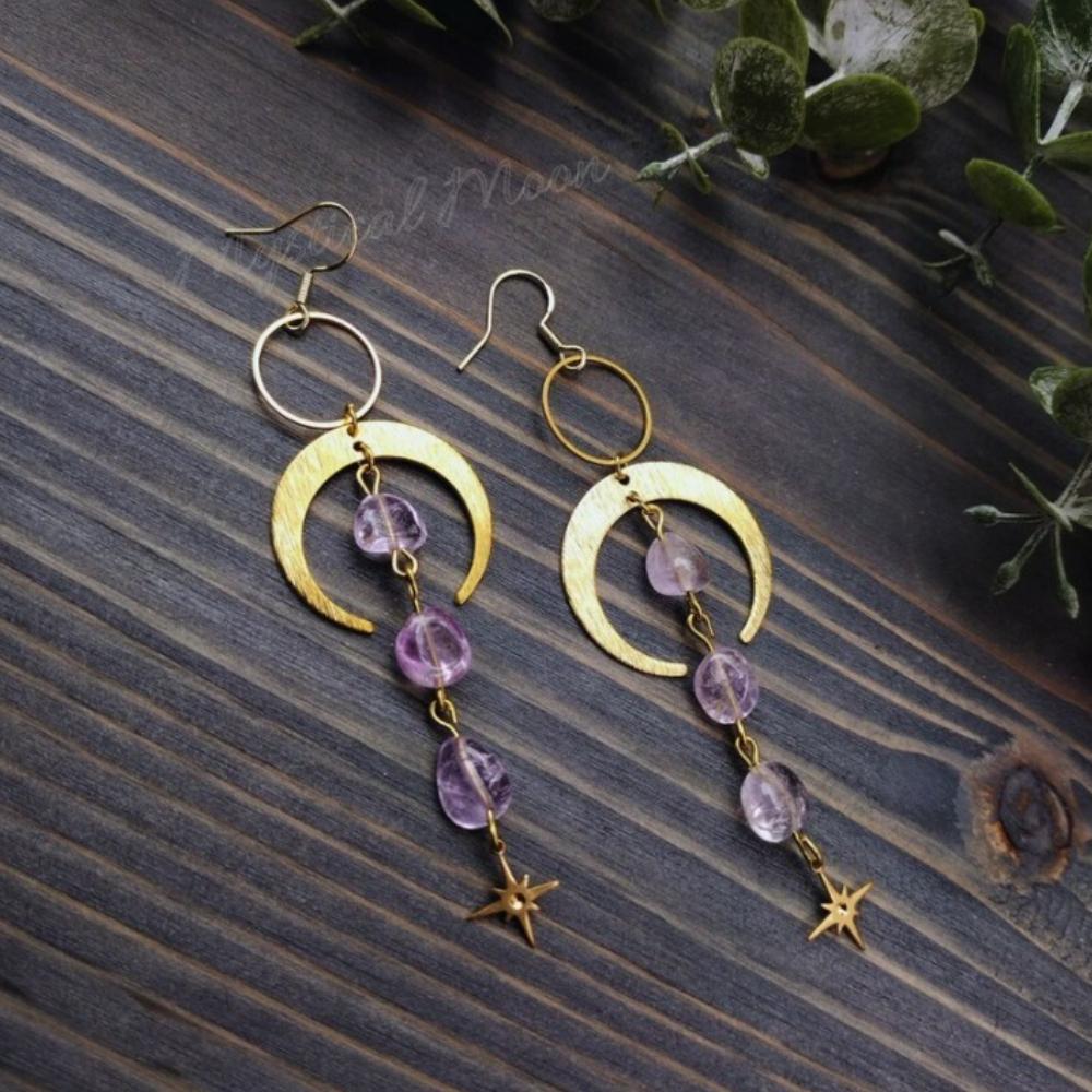 Nouveaux Boucles d'Oreilles Pendantes Charme Rétro Acier Inoxydable Couleur Dorée Croissant de Lune Étoile Améthyste Irrégulière pour Femmes Bijoux Magiques Bohèmes