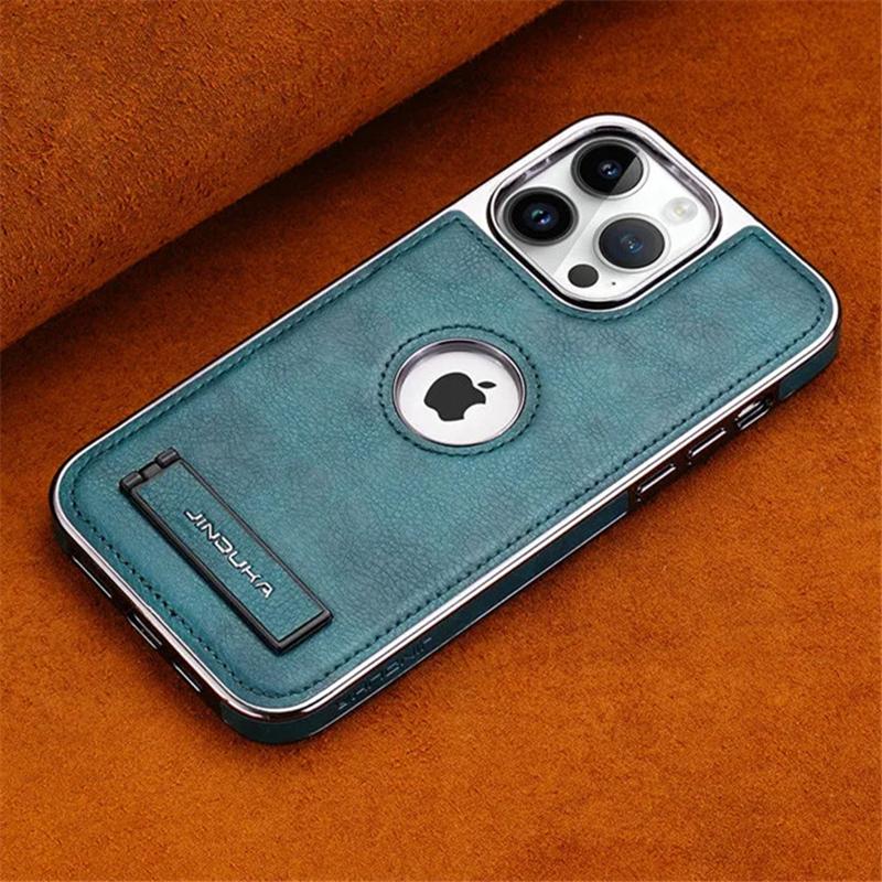 

Plating Bumper Leather Folding Kickstand Phone Case For iPhone 16 15 11 12 13 14 Pro Max Plus Slim Metal Holder Cover For iPhone 11 Pro&Case & Holder
