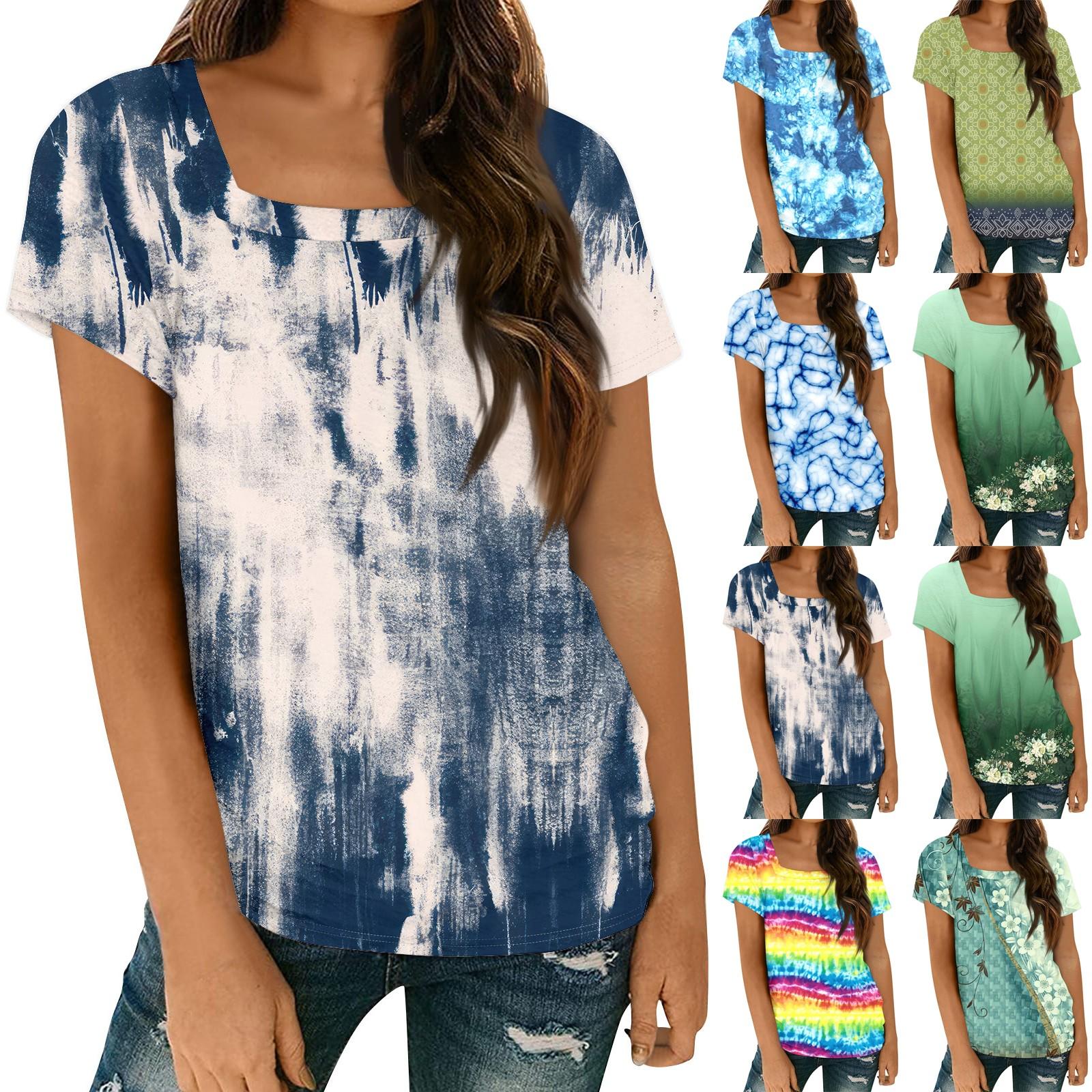 

Женская модная повседневная футболка с коротким рукавом и квадратным вырезом с цветочным принтом, топы с короткими рукавами для