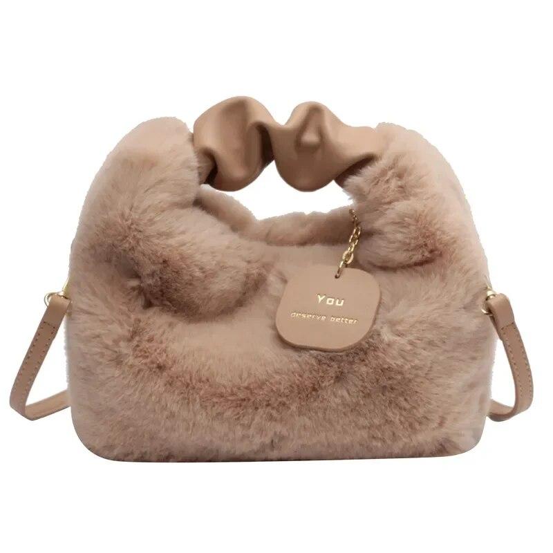 2026 Fashion Soft Plush Half Moon Crossbody Bags for Women Designer Fluffy Faux Fur Lady Handbags Luxury Small Tote Female Winter Purses