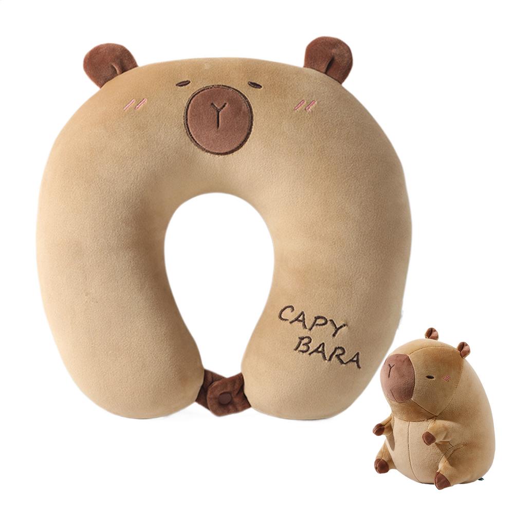 Nackenkissen Flugzeug 2 in 1 Capybara Plüsch Schlafkissen U-Form Nackenstütze Reisekissen für Erwachsene Kinder Flugzeug Auto