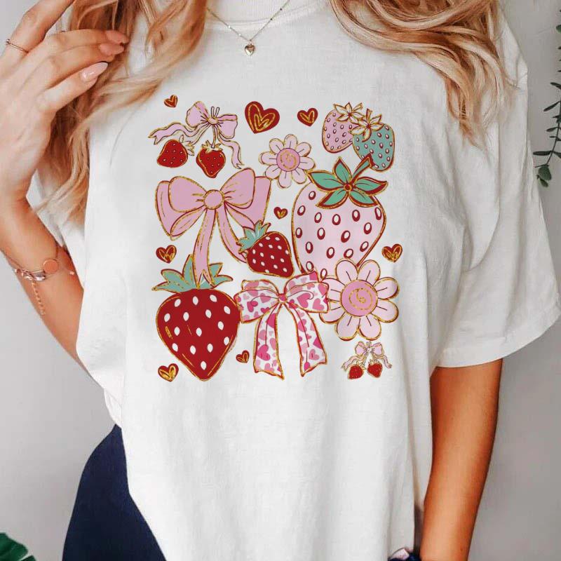 Sweet Bow Strawberry Print Womens Regular 90s Cartoon New Pattern Cute Top Short Sleeved Summer Basic Casual White TShirt S