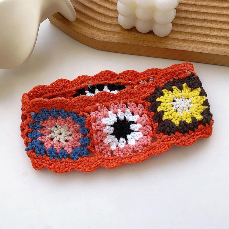 Crochet Colorful Bandana Knitted Hair Kerchief Tie Back for Head Wrap Color Matching Pastoral Turban for Girls Photo Pro