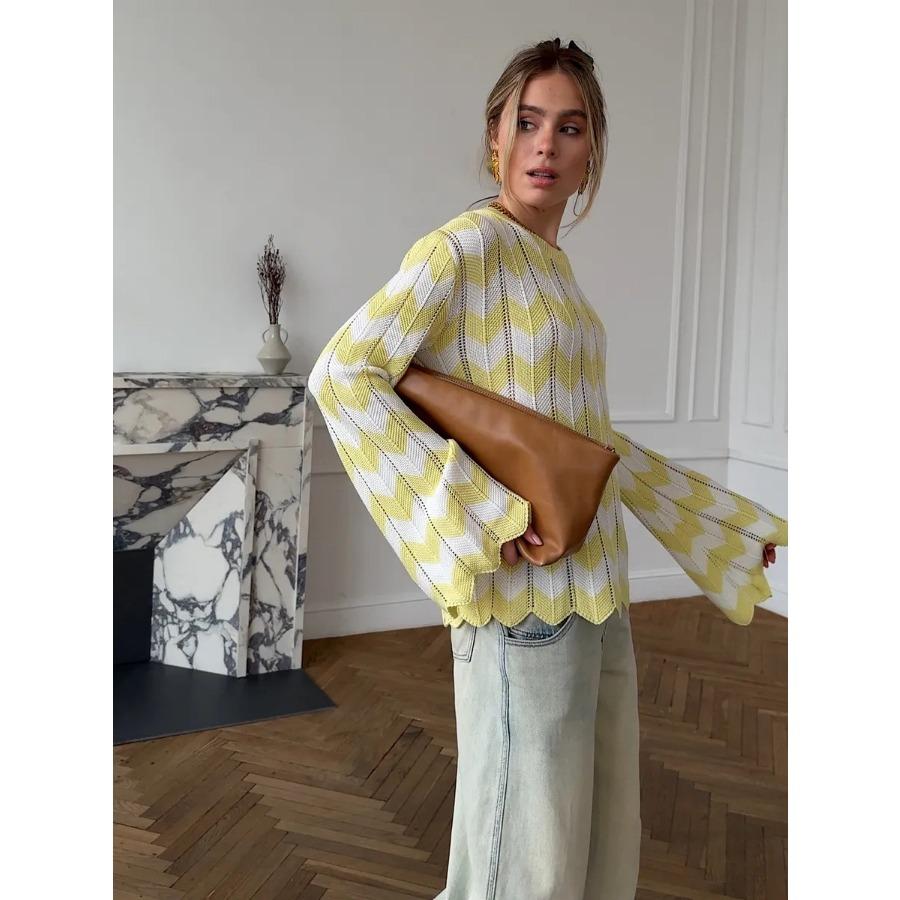 Back Hollow Women's Crew Neck Long Sleeve Knitted Sweater Autumn and Winter