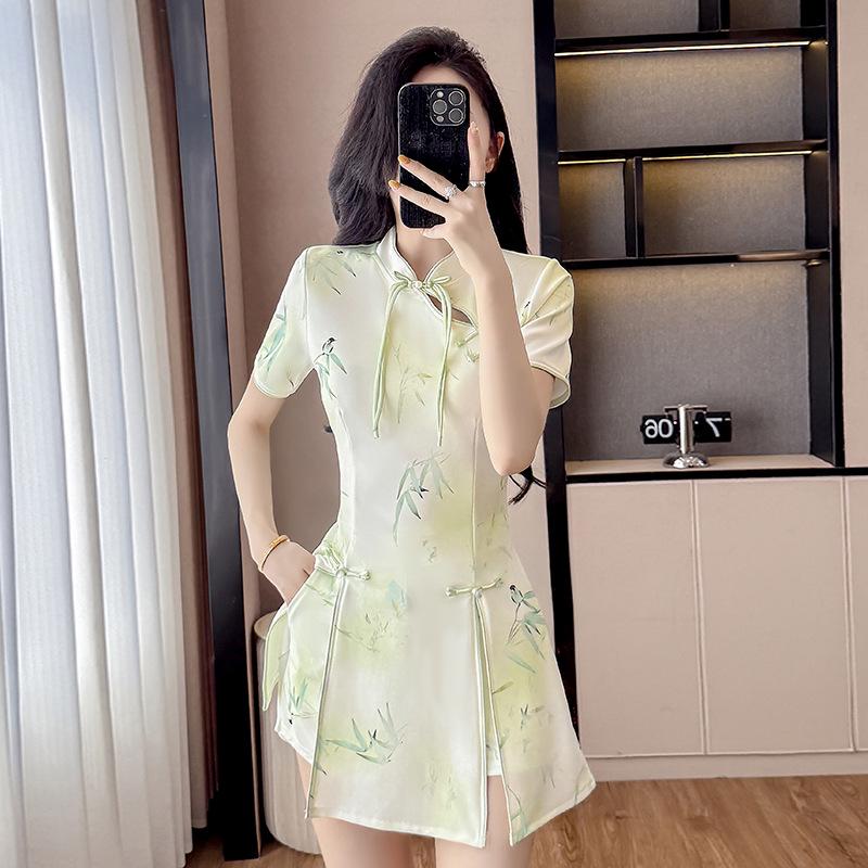 Modern Chinese Two-Piece Set: Cheongsam Dress and Shorts with Frog Button