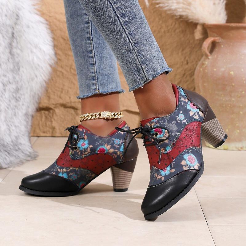 Spring and Autumn Coarse Heel High Heel Single Shoes Pointed Large Size-4 Size Deep Mouth Lace-Up Women's Shoes