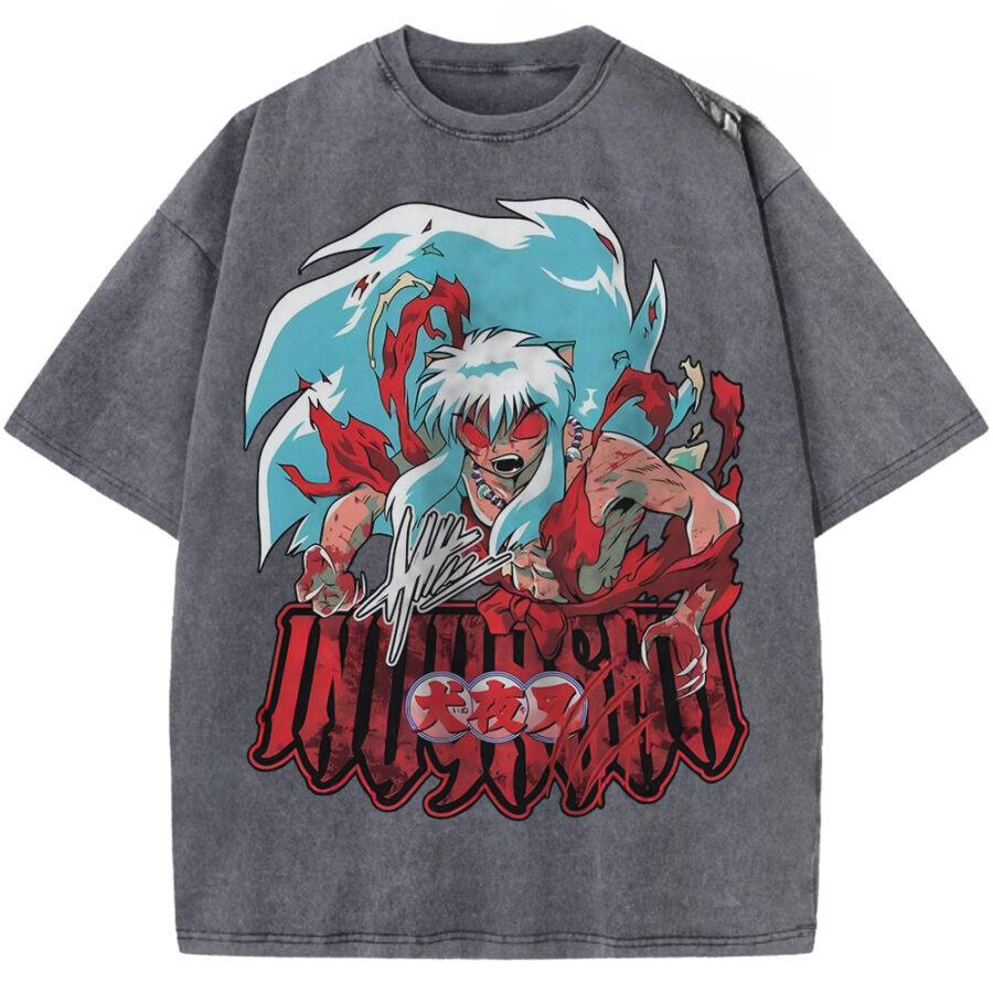 Inuyasha Print T-shirt Inuyasha Anime Clothing Men Short Sleeve Cotton Tshirts Vintage Washed Tee Harajuku Oversized T Shirt S серый