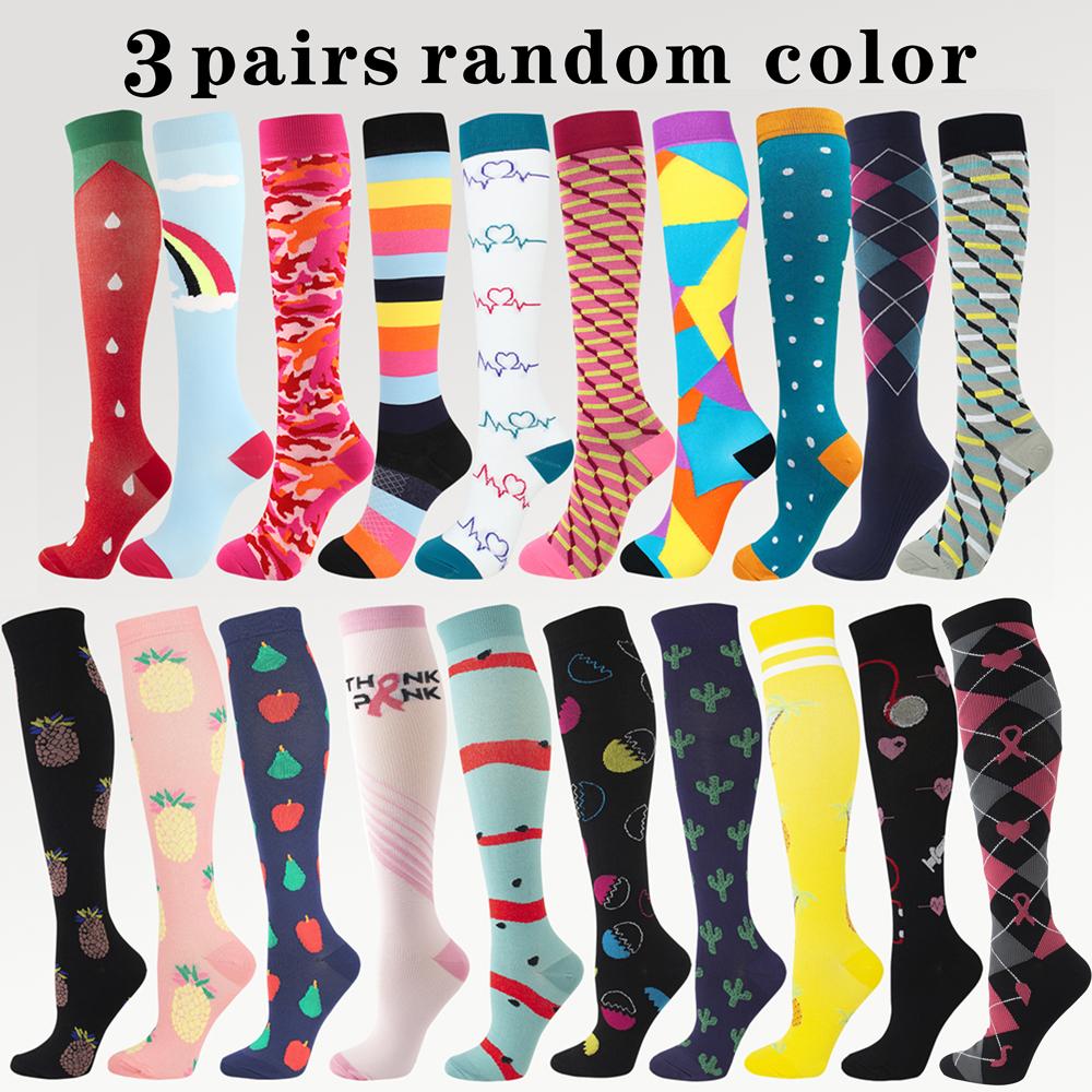 

3 пары случайных цветных компрессионных носков для женщин, улучшающих циркуляцию крови, плотные носки для медсестер, беременных, спортзала, пешего туризма, бега S-M