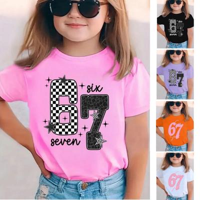 Dívčí tričko s potiskem čísla 67, krátký rukáv, kulatý výstřih, ležérní top, tričko, letní, pohodlné, módní, dětské oblečení