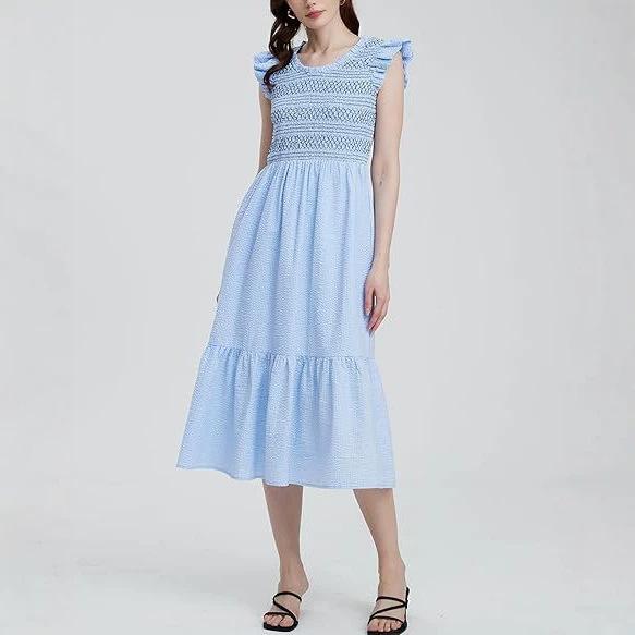 Pastoral 2026 summer embroidery pleated casual round neck high-end medium and long dress