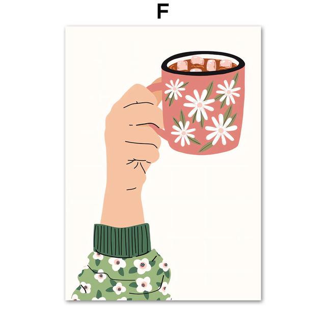 Tropische Pflanzen Daisy Vase Pizza Kaffeetasse Essen Abstrakte Poster Drucke Wand Kunst Leinwand Bilder Boho Küche Wohnzimmer Dekor Kein Rahmen