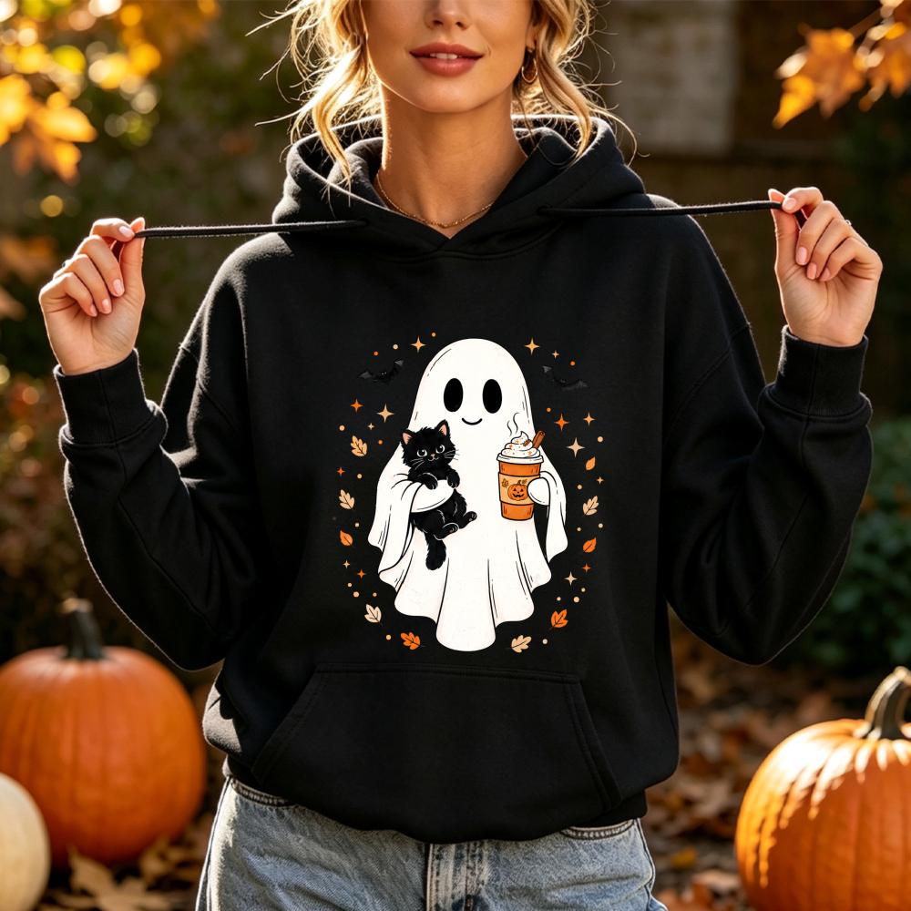 Cute Ghost Black Cat Sweatshirt Spooky Halloween Pumpkin Coffee Print Pullover Fall Winter Casual Long Sleeves Tops Unisex