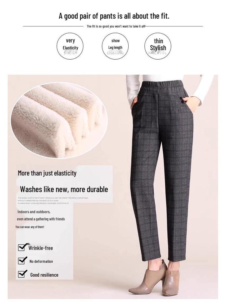 Fleece Pants for Middle-Aged & Elderly Women: Elastic Waist, High-Waisted, Straight-Leg, Loose Fit for Spring & Autumn Wear.
