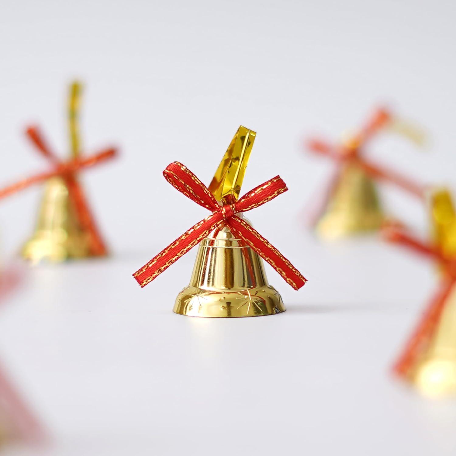 

Christmas Bells (Set of 12) Golden Jingle Bells with Red Ribbon | Christmas Tree Decoration Items | Xmas Gifts Ornaments Props Decorations